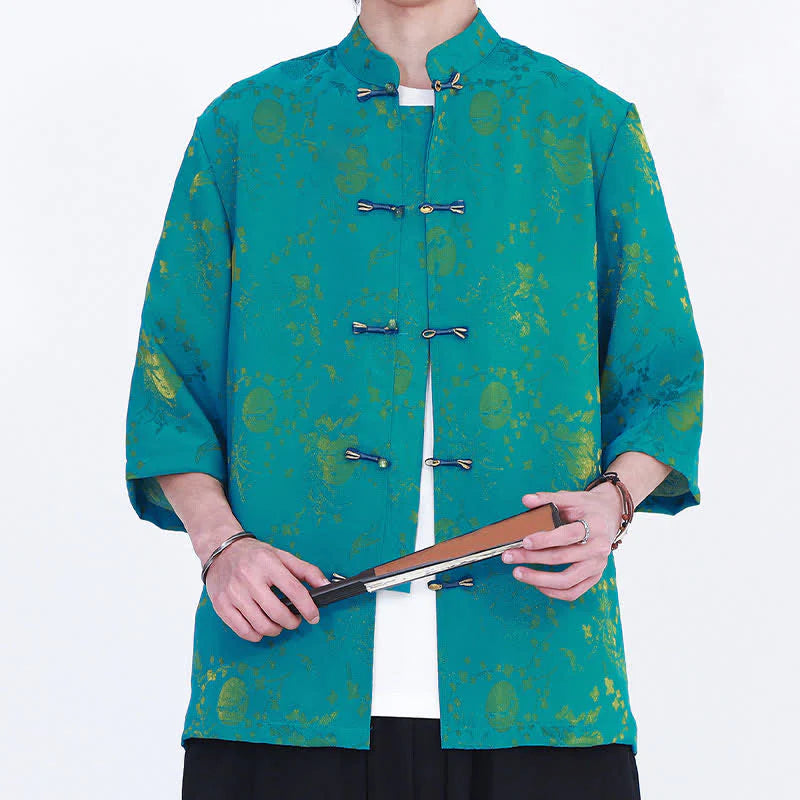 Buddha Stones Summer Vintage Elegant Mandarin Collar Gold Cloud Pattern Elbow Sleeve Men's Shirt