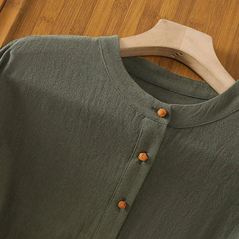 Buddha Stones Summer Casual Pure Color Half Button Simple Design Women's Cotton Linen Half Sleeve Shirt With Pocket