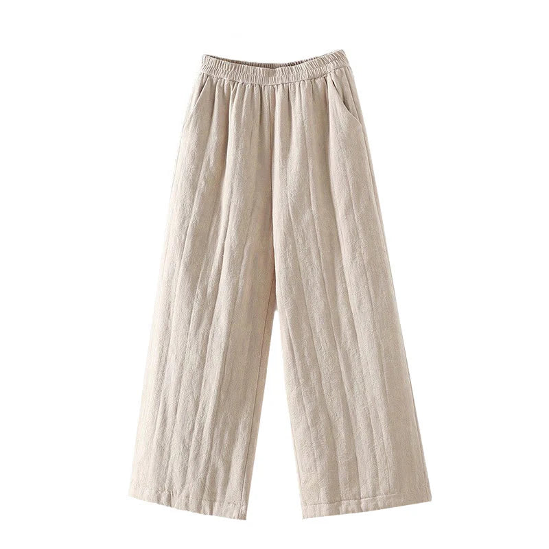 Buddha Stones Jacquard Cotton-padded Women's Wide Leg Thermal Ankle-Length Pants With Pockets