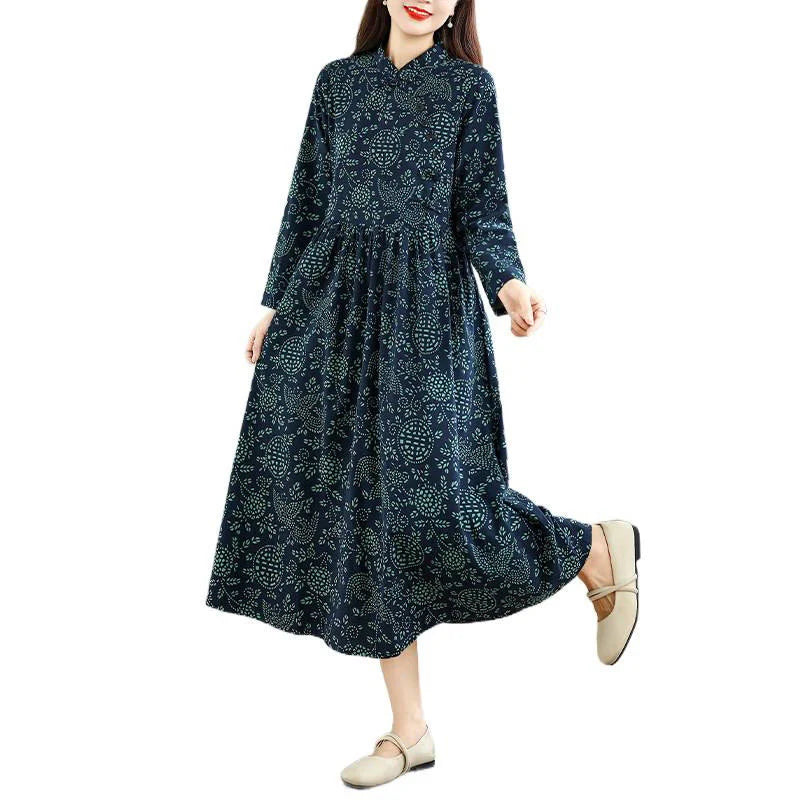 Buddha Stones Printed Floral Long Sleeve Stand Collar Cotton Maxi Dress With Pockets