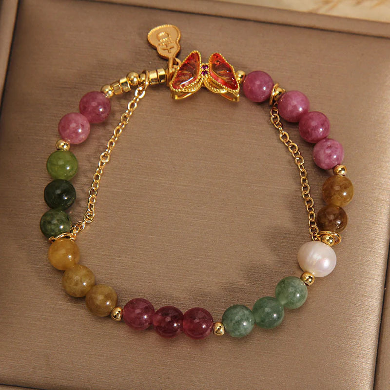Buddha Stones Natural Colorful Tourmaline Butterfly Auspicious Character Gourd Charm Positive Bracelet (Extra 35% Off | USE CODE: FS35)