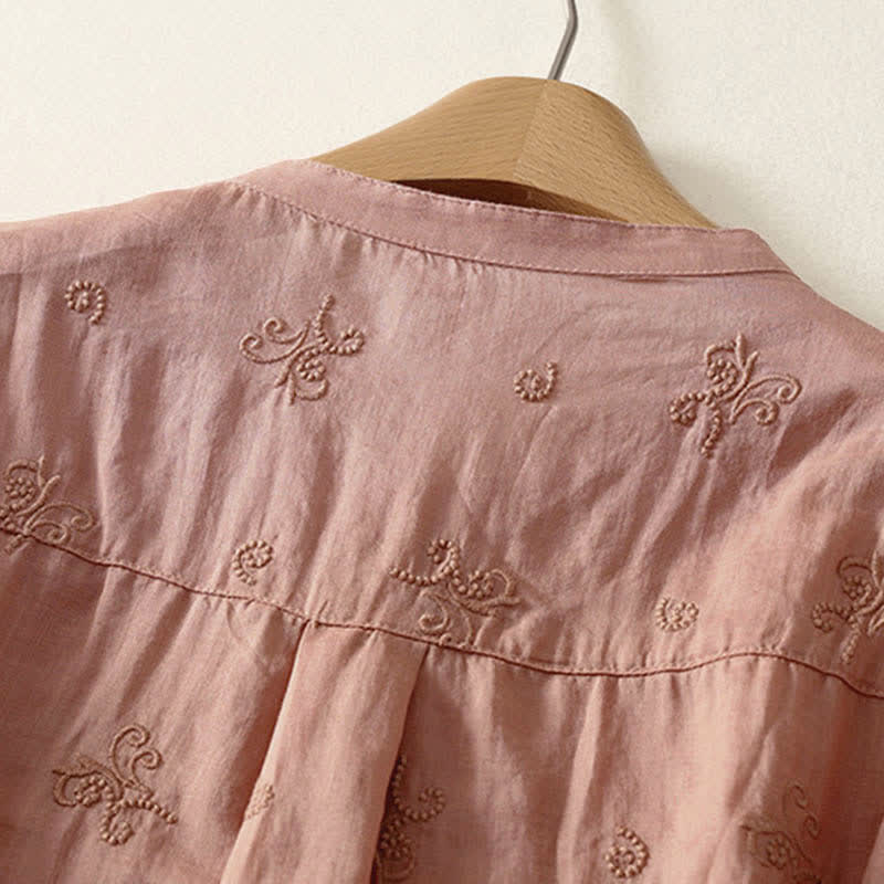 Buddha Stones Retro Embroidered Floral Short Sleeve Women's Buttons Shirt