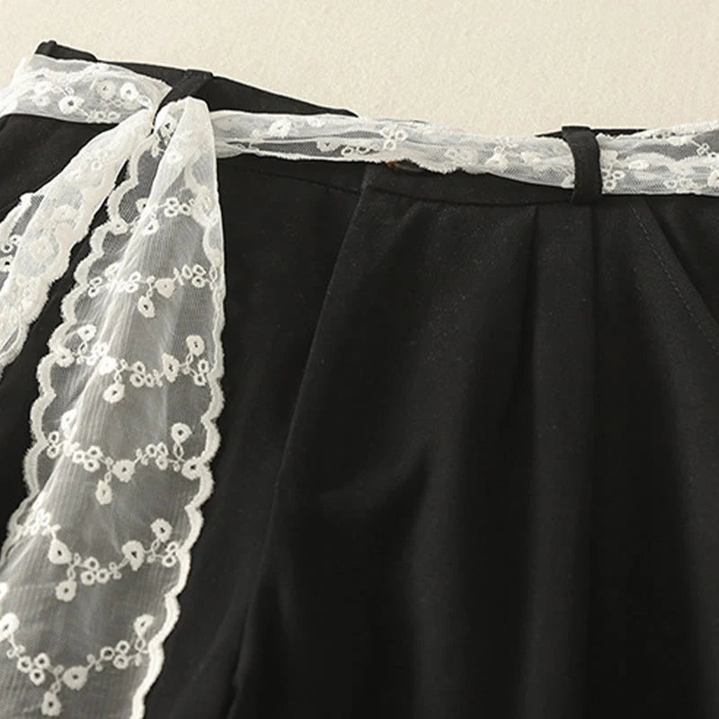 Buddha Stones Daily Solid Color Lace Belt Women's Wide Leg Cotton Pants With Pockets