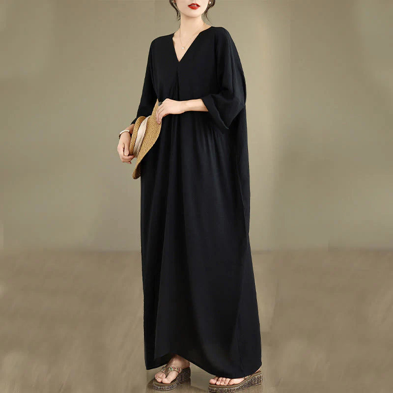 Buddha Stones Fall Pure Color V-Neck Long Sleeve Cotton Midi Dress