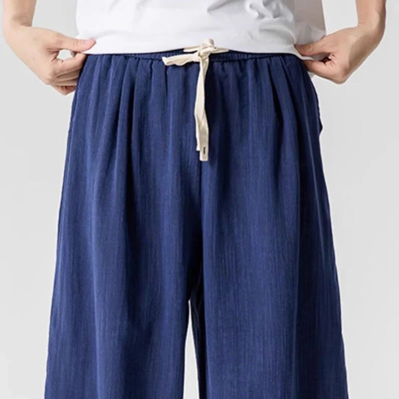 Buddha Stones Summer Pure Color Drawstring Men's Cotton Ankle-Length Pants With Pockets