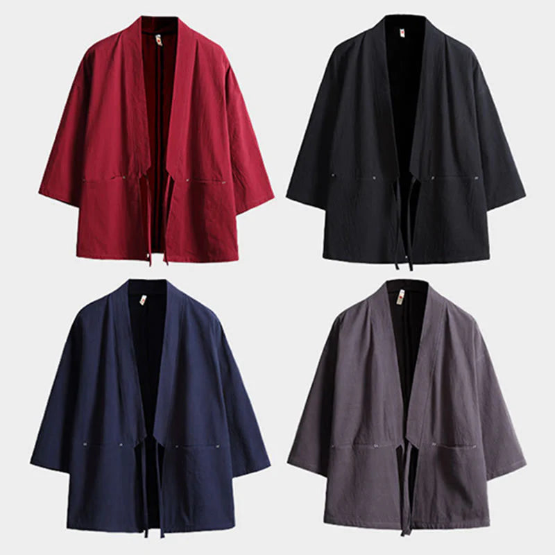Buddha Stones Solid Color Lace-up Three Quarter Sleeve Open Front Jacket Men's Kimono
