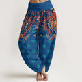 Buddha Stones Cotton Symmetrical Leaf  Scroll Pattern Women's Elastic Waist Harem Pants