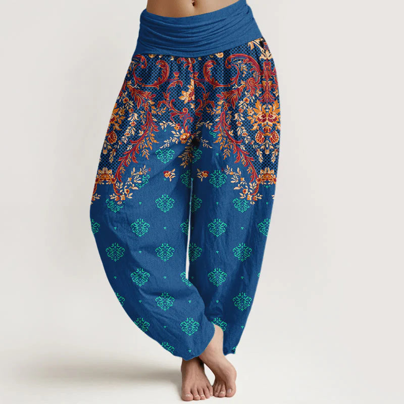 Buddha Stones Cotton Symmetrical Leaf  Scroll Pattern Women's Elastic Waist Harem Pants