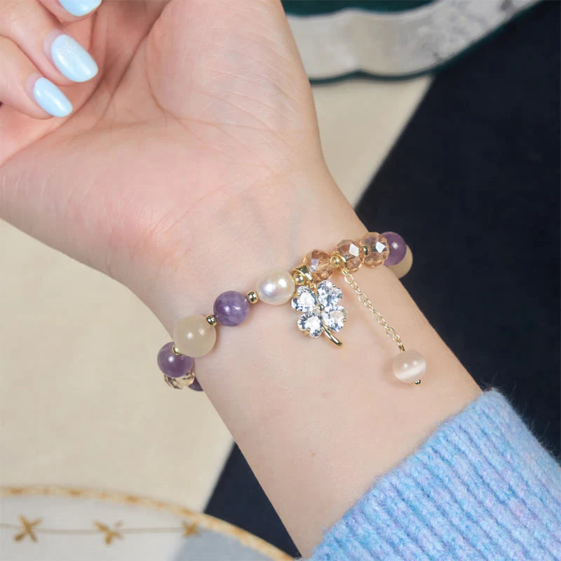 Buddha Stones Four Leaf Clover Amethyst Citrine Green Strawberry Quartz Rutilated Quartz Balance Bracelet