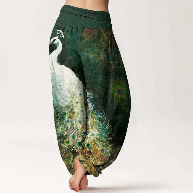 Buddha Stones Pure Cotton Gorgeous Peacock Pattern Women's Elastic Waist Harem Pants