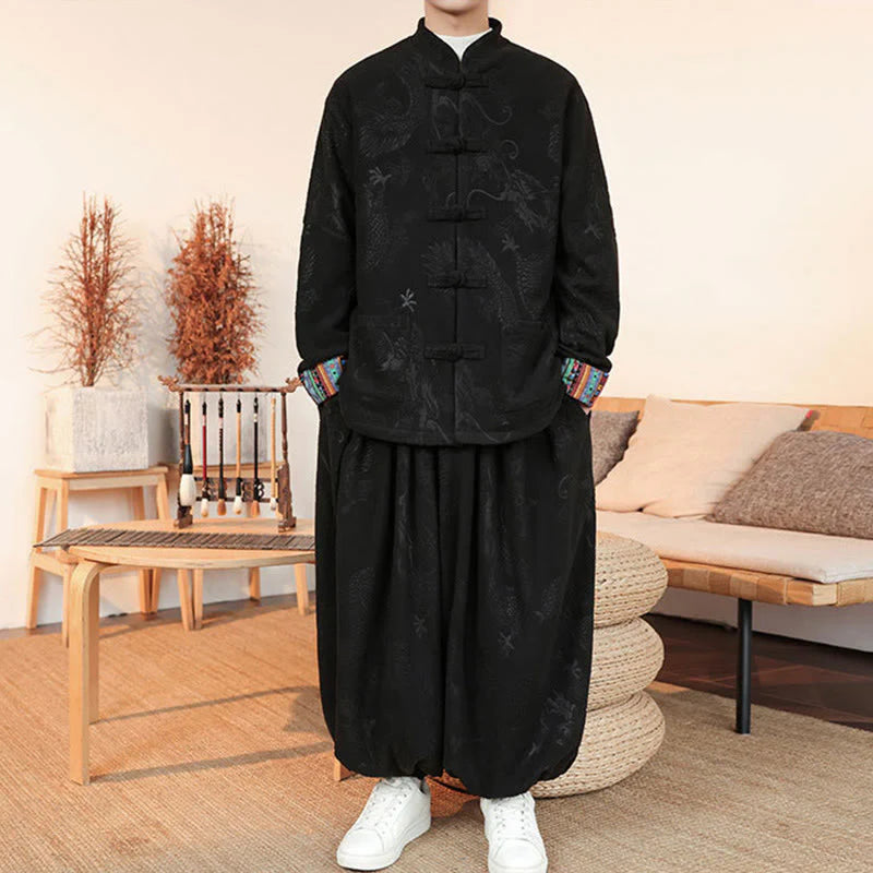 Buddha Stones 2Pcs Fall Winter Men's Tang Suit Dragon Frog-Button Cotton Long Sleeve Jacket Pants Set