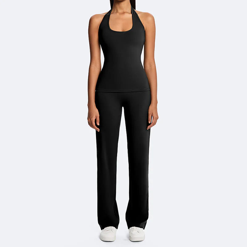 Buddha Stones Solid Crop Halter Backless Sleeveless Top Straight Leg Pants For Sports Fitness Yoga