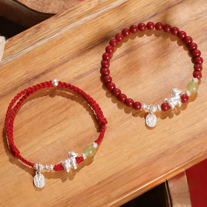 Buddha Stones Year Of The Horse Cinnabar Hetian Jade 999 Sterling Silver Red String Concentration Bracelet