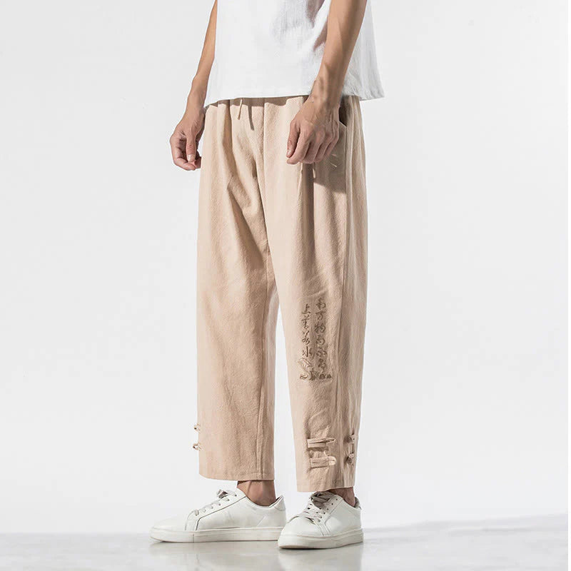 Buddha Stones Summer Chinese Characters Embroidery Men's Cotton Linen Pants With Pockets