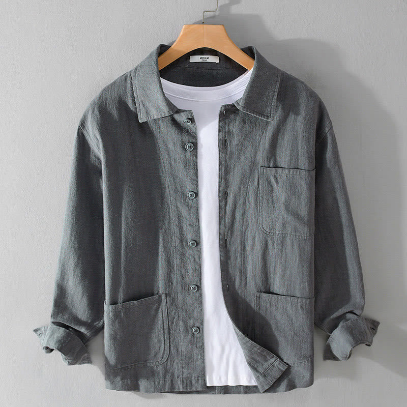 Buddha Stones Commute Fall Solid Color Lapel Men's Long Sleeve Cotton Linen Shirt With Pocket