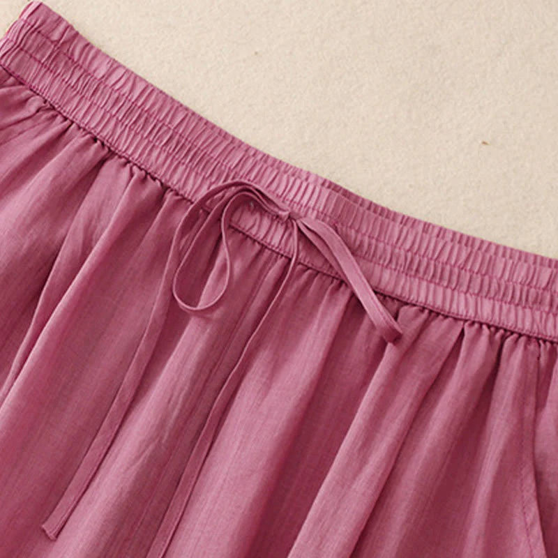 Buddha Stones Causal Vintage Plain Drawstring Lace Patchwork Design Women's Wide Leg Cotton Elastic Waistband Pants With Pockets