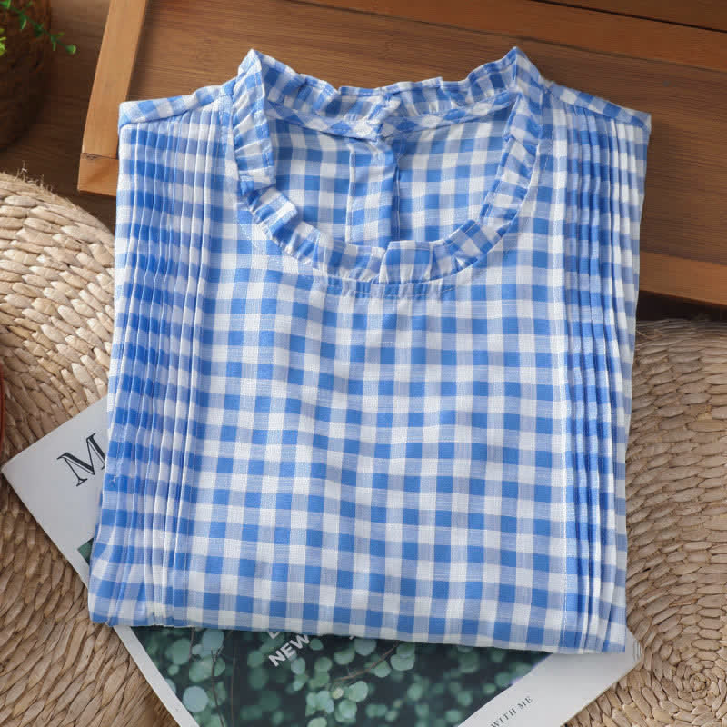 Buddha Stones Summer Plaid Ruffled Crew Neck Back Button Design Women's Sleeveless T-Shirt