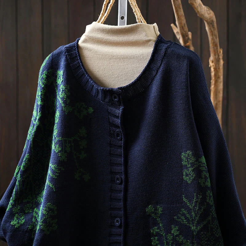 Buddha Stones Floral Buttons Cotton Women's Long Batwing Sleeve Knitted Cardigan