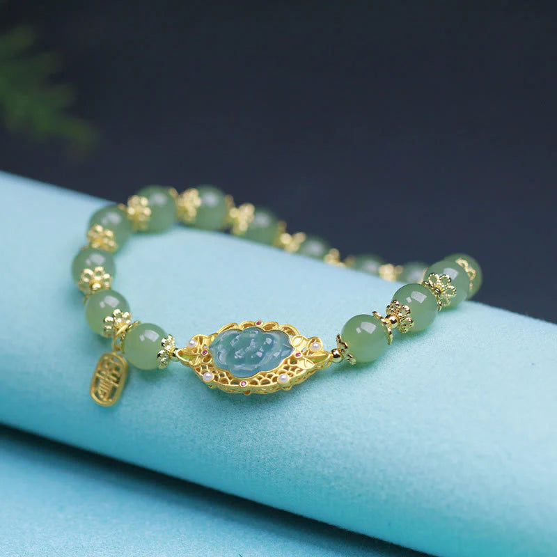 Buddha Stones 925 Sterling Silver Plated 14K Gold Hetian Jade Lotus Luck Bracelet