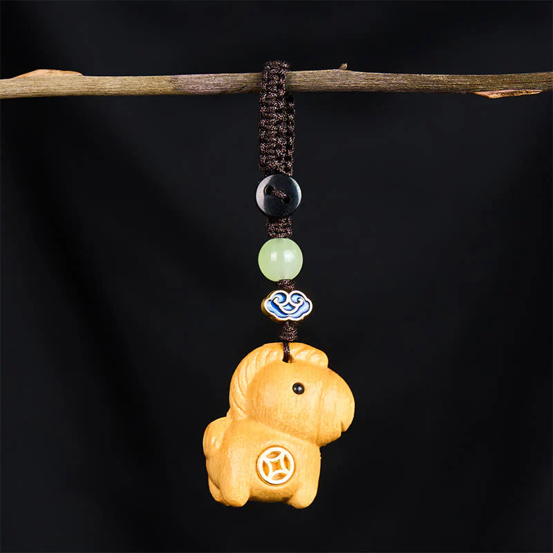 Buddha Stones Hoping You Have a Joyful Year Year of the Horse Rainbow Eucalyptus Small Leaf Red Sandalwood Key Chain Includes Gift Message Card