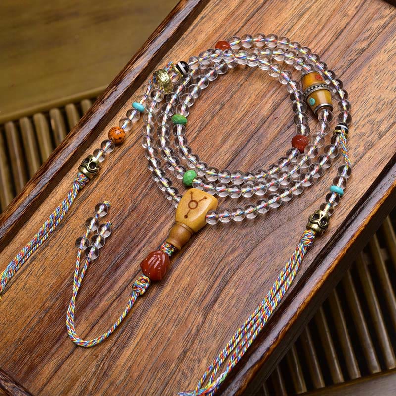 Buddha Stones 108 Beads Liuli Crystal Dzi Bead Agate Blessings Tassel Mala
