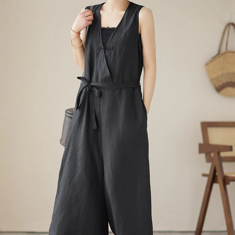 Buddha Stones Casual Lace-Up Simple Sleeveless Design Women's Cotton Linen Jumpsuit With Pockets