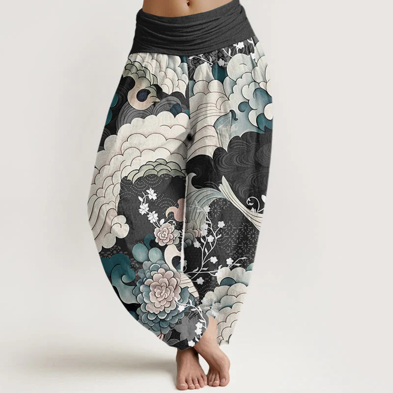 Buddha Stones Cotton Flower Wave Pattern Women's Elastic Waist Harem Pants