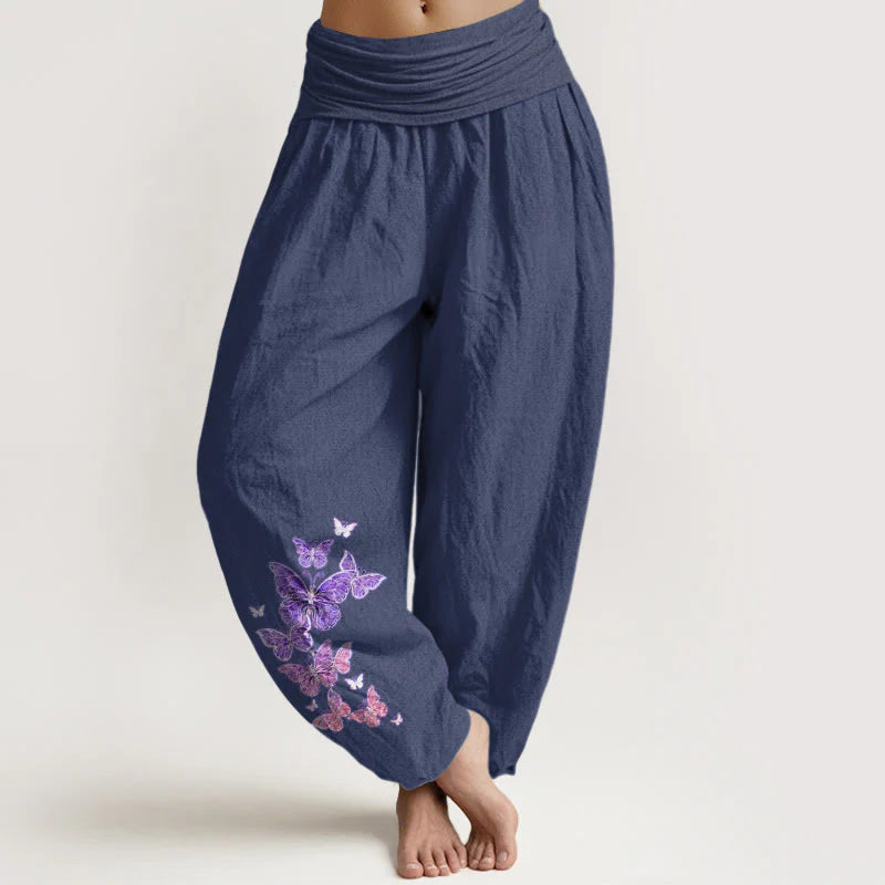 Buddha Stones Pure Cotton Pastel Butterfly Pattern Women's Elastic Waist Harem Pants