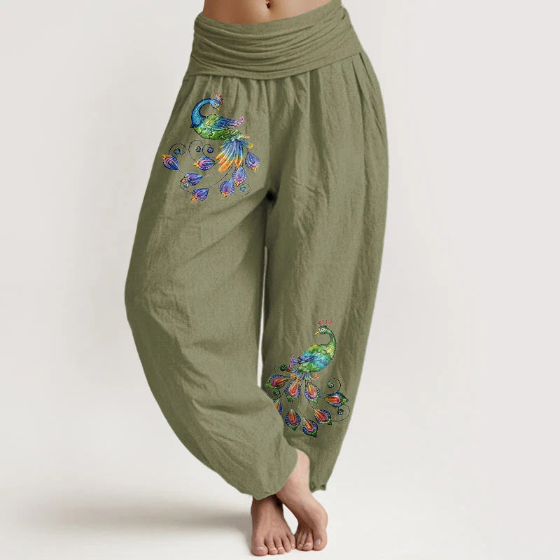 Buddha Stones Cotton Colorful Peacock Pattern Women's Elastic Waist Harem Pants