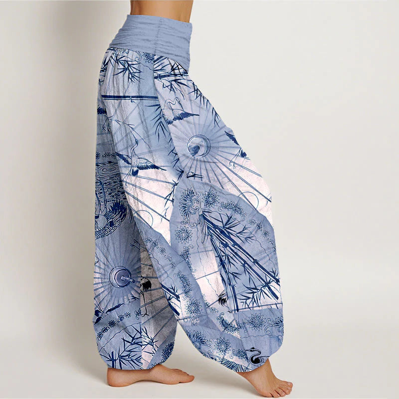 Buddha Stones Pure Cotton Umbrella Crane Bamboo Pattern Women's Elastic Waist Harem Pants