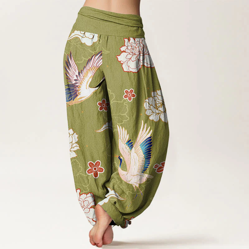 Buddha Stones Print Cranes Peonies Pattern Women's Elastic Waist Harem Pure Cotton Pants