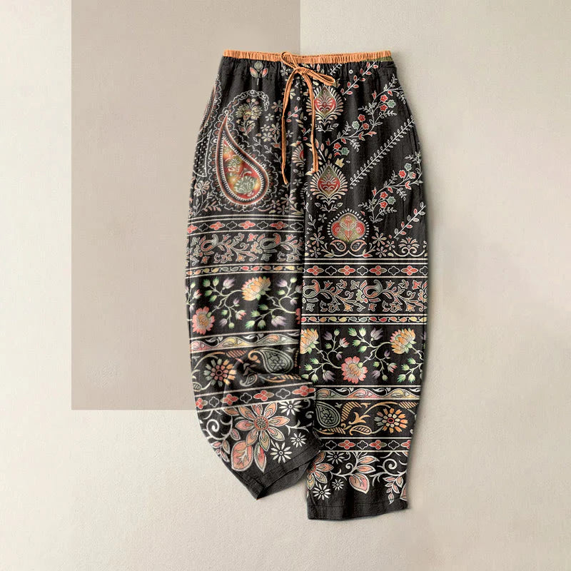 Buddha Stones Pure Cotton Paisley Lotus Pattern Women's Elastic Waist Pants With Pockets