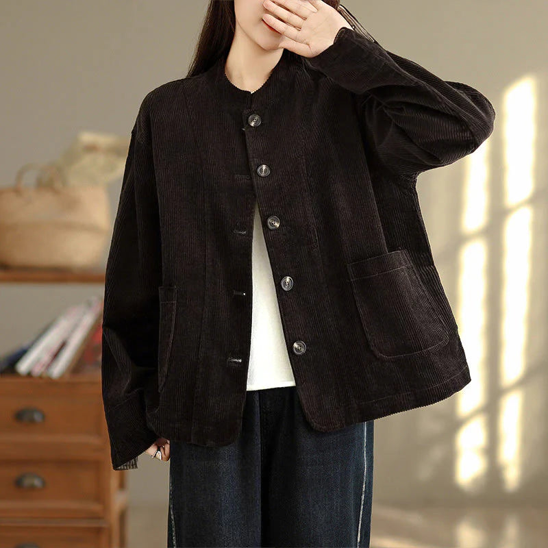 Buddha Stones Buttons Design Corduroy Long Sleeve Women's Jacket With Pockets