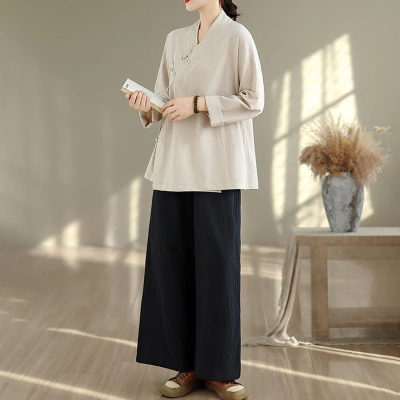 Buddha Stones 2Pcs V-Neck Long Sleeve Shirt Wide Leg Pants Zen Meditation Women's Set