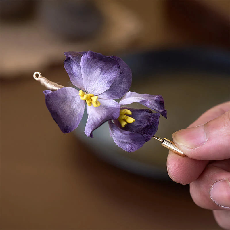 Buddha Stones Handcrafted Silk Art Velvet Flower Light Purple Iris Flower Brooch