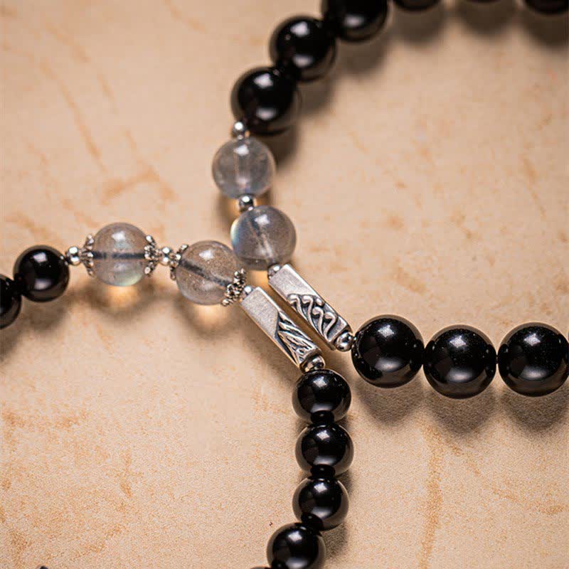 Buddha Stones 925 Sterling Silver Obsidian Moonstone Strength Couple Bracelet
