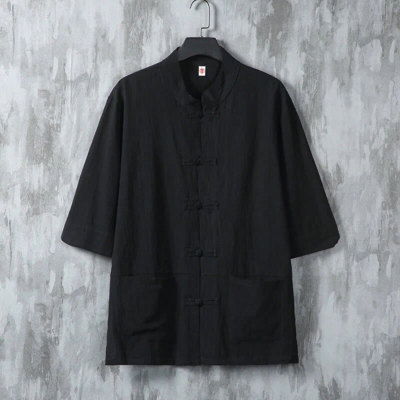 Buddha Stones Solid Color Tang Suit Frog-Button Design Men's Half Sleeve Linen Shirt With Pockets