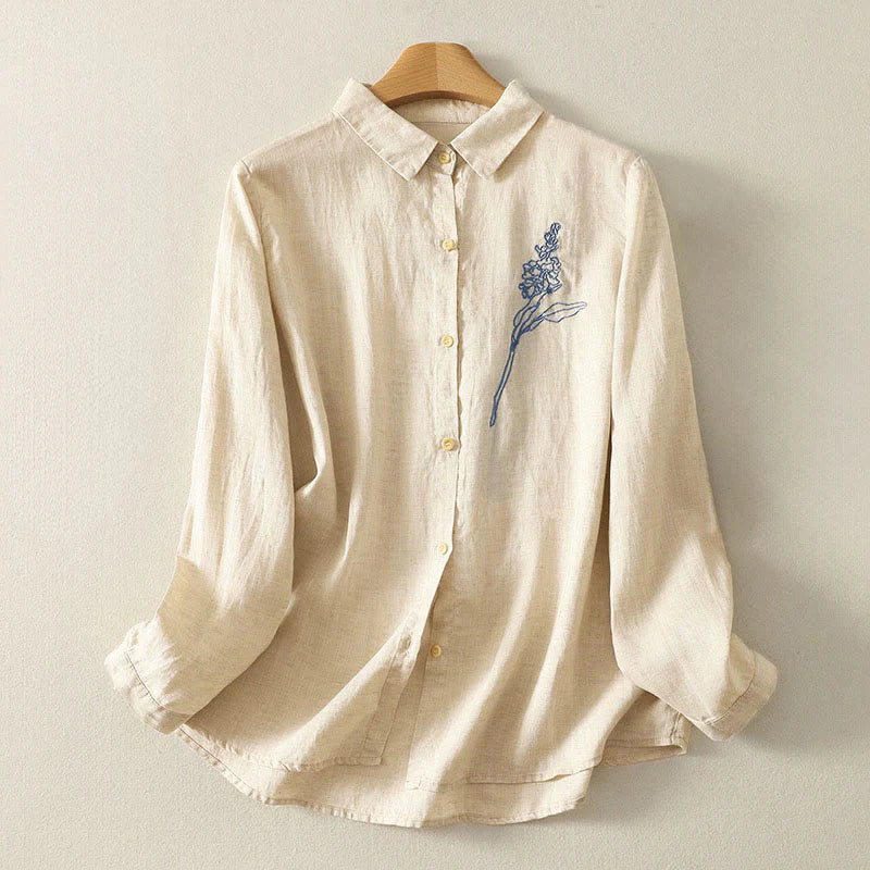Buddha Stones Spring Embroidered Flower Long Sleeve Women's Buttons Shirt