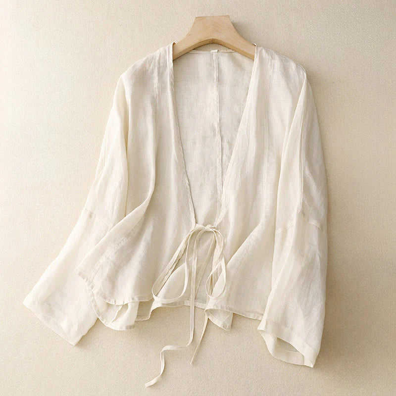 Buddha Stones Summer Plain Long Sleeve Lace-up Open Front Women's Kimono