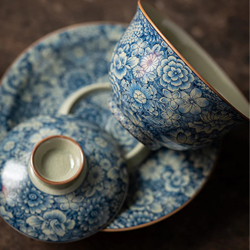 Buddha Stones Vintage Blue And White Porcelain Peach Blossom Lotus Peony Ceramic Gaiwan Sancai Teacup Kung Fu Tea Cup And Saucer With Lid