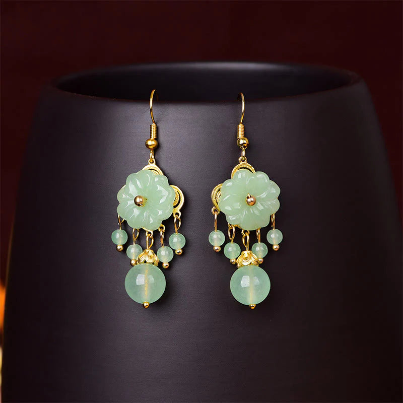Buddha Stones Green Pink Flower Liuli Glass Drop Earrings