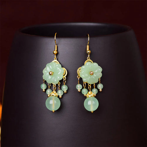 Buddha Stones Green Pink Flower Liuli Glass Drop Earrings