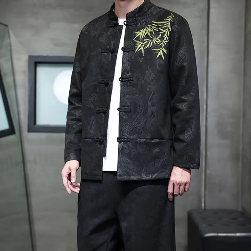 Buddha Stones 2Pcs Spring Dragon Bamboo Clouds Men's Tang Suit Frog-Button Cotton Long Sleeve Jacket Pants Set With Pockets