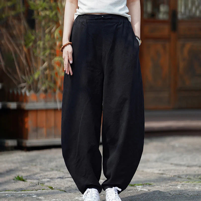 Buddha Stones Summer Plain One Chinese Frog-Button Straight Leg Design Men's Cotton Linen Pants With Pockets