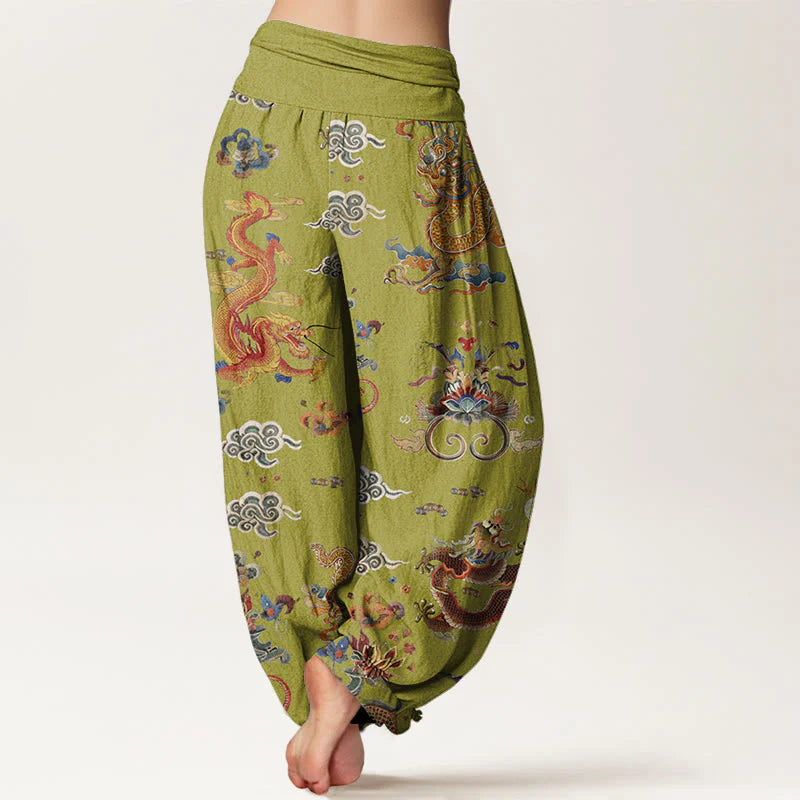 Buddha Stones Cotton Golden Dragons Auspicious Clouds Design Women's Elastic Waist Harem Pants