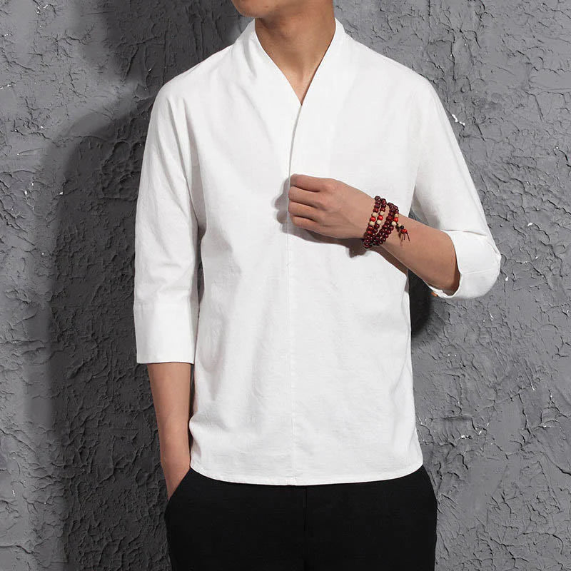 Buddha Stones Casual V-Neck Three Quarter Sleeve Shirt Men Clothing