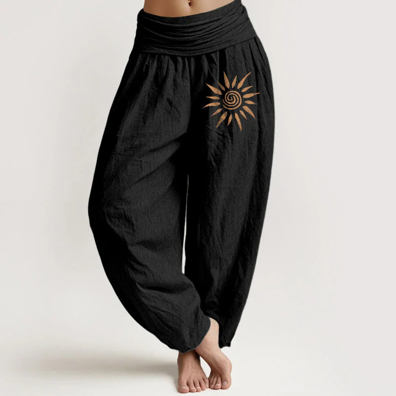 Buddha Stones Spiral Center Sun Pattern Women's Elastic Waist Harem Pure Cotton Pants