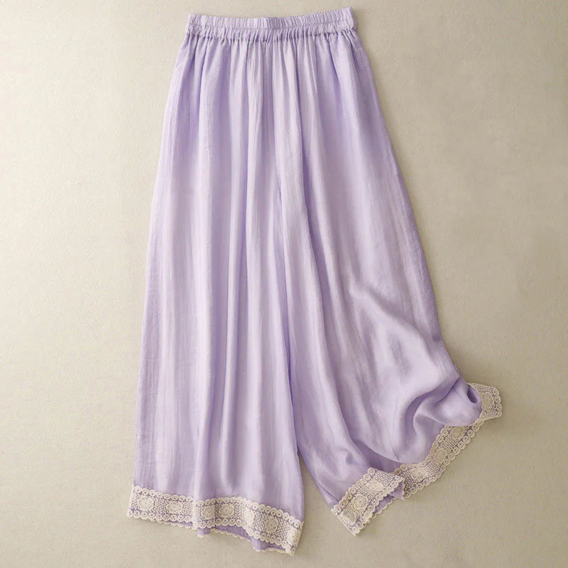 Buddha Stones Spring Vintage Casual Solid Color Lace Patchwork Cuff Women's Cotton Linen Wide Leg Pants With Pockets