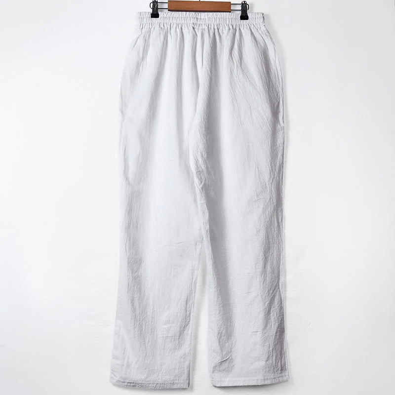 Buddha Stones Solid Color Buttons Drawstring Men's Cotton Pants With Pockets