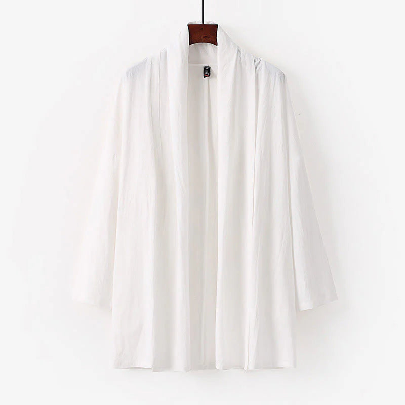 Buddha Stones Spring Fall Solid Color Long Sleeve Mid-length Open Front Men's Kimono